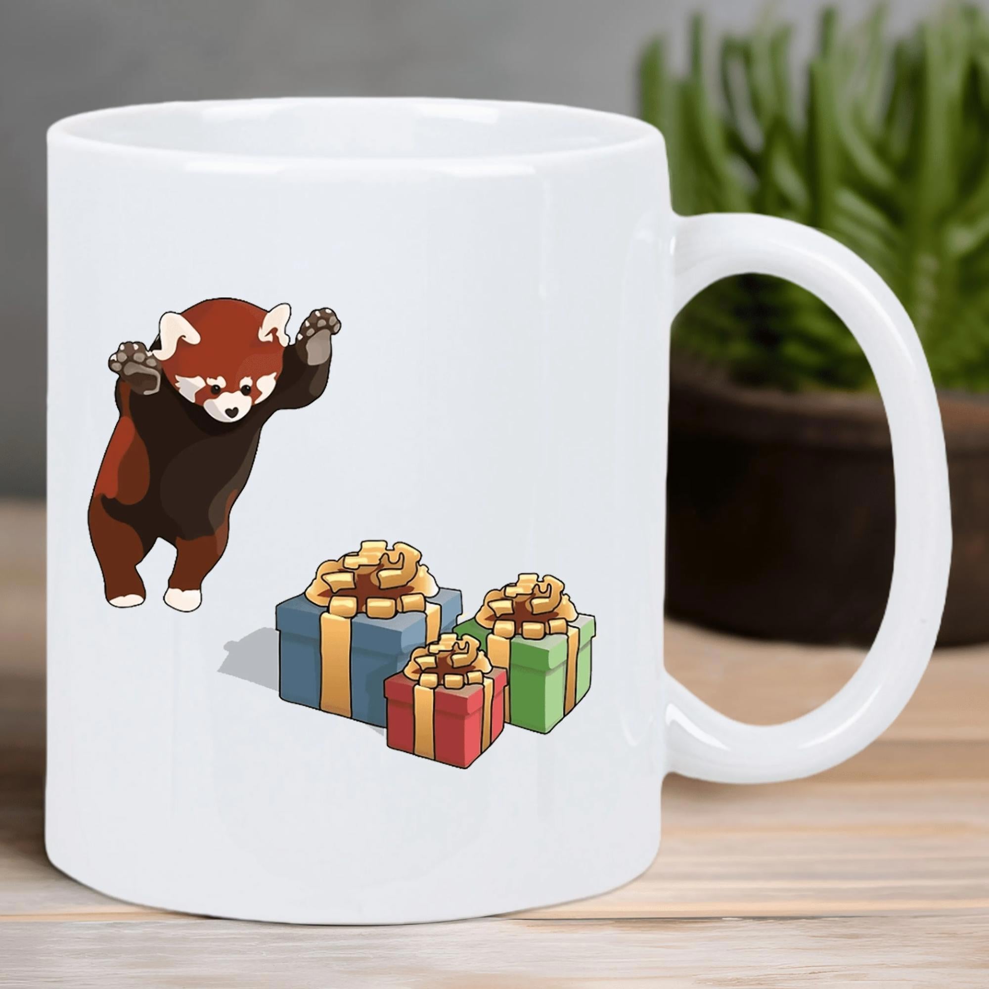 Tailorly White Ceramic 11 oz Mug - Playful Little Animal Leaping Over Colorful Wrapped Gift Boxes With Ribbons Red Panda