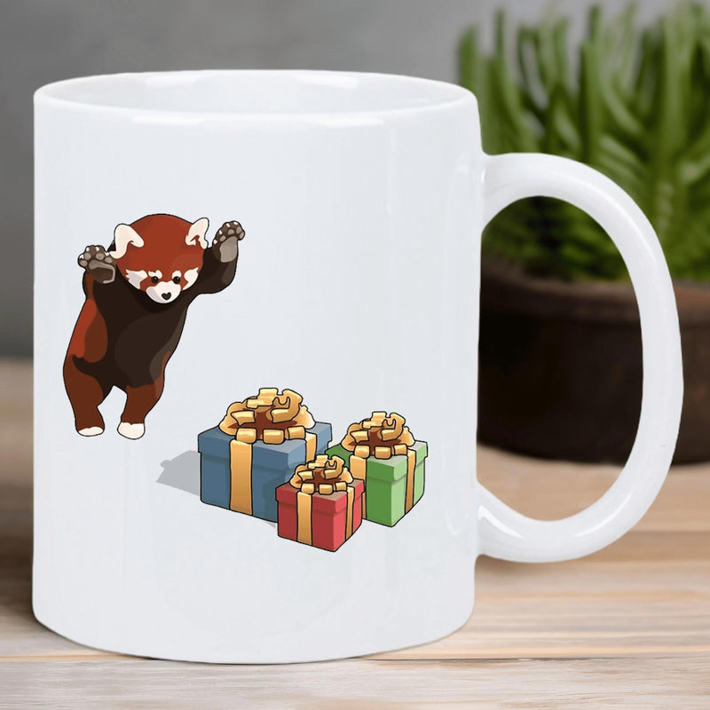Tailorly White Ceramic 11 oz Mug - Playful Little Animal Leaping Over Colorful Wrapped Gift Boxes With Ribbons Red Panda