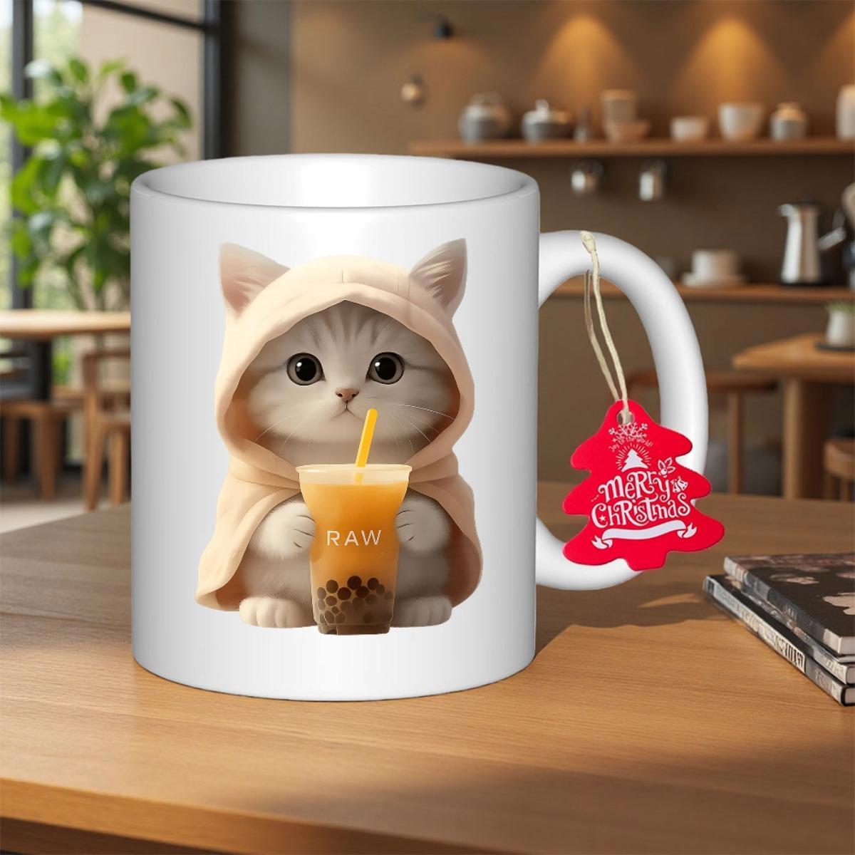 Tailorly White Ceramic 11 oz Mug - Merry Christmas Adorable Fluffy Tabby Wearing Cozy Hoodie Sipping Delicious Boba Milk Tea Kitten