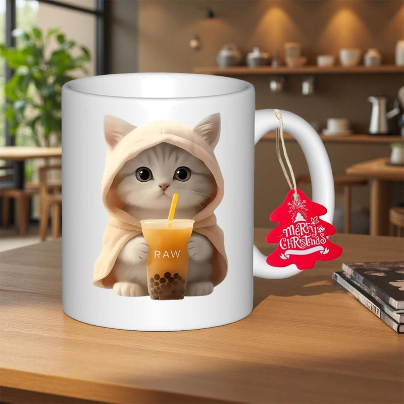 Tailorly White Ceramic 11 oz Mug - Merry Christmas Adorable Fluffy Tabby Wearing Cozy Hoodie Sipping Delicious Boba Milk Tea Kitten