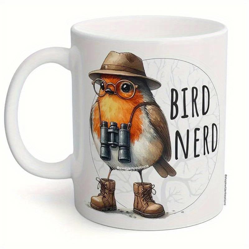 Tailorly White Ceramic 11 oz Mug - Bird Nerd Cute Small Robin Wearing Brown Hiking Boots And Holding Professional Binoculars Robin