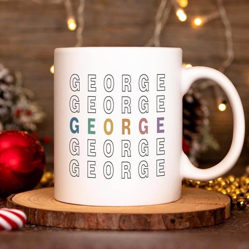 Tailorly White Ceramic 11 oz Mug - George Stacked Colorful Text Displaying A Repeating Personalized Name On White Surface Mug