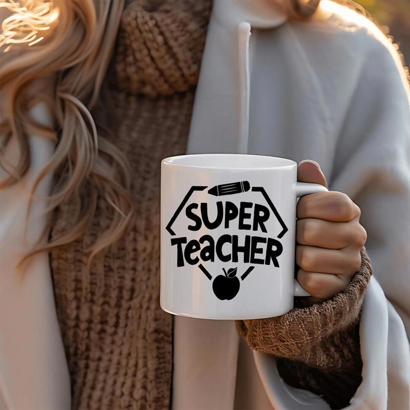Tailorly White Ceramic 11 oz Mug - Super Teacher Minimalist Hexagonal Frame Featuring Cute Educational Crayon And Apple Symbols Mug