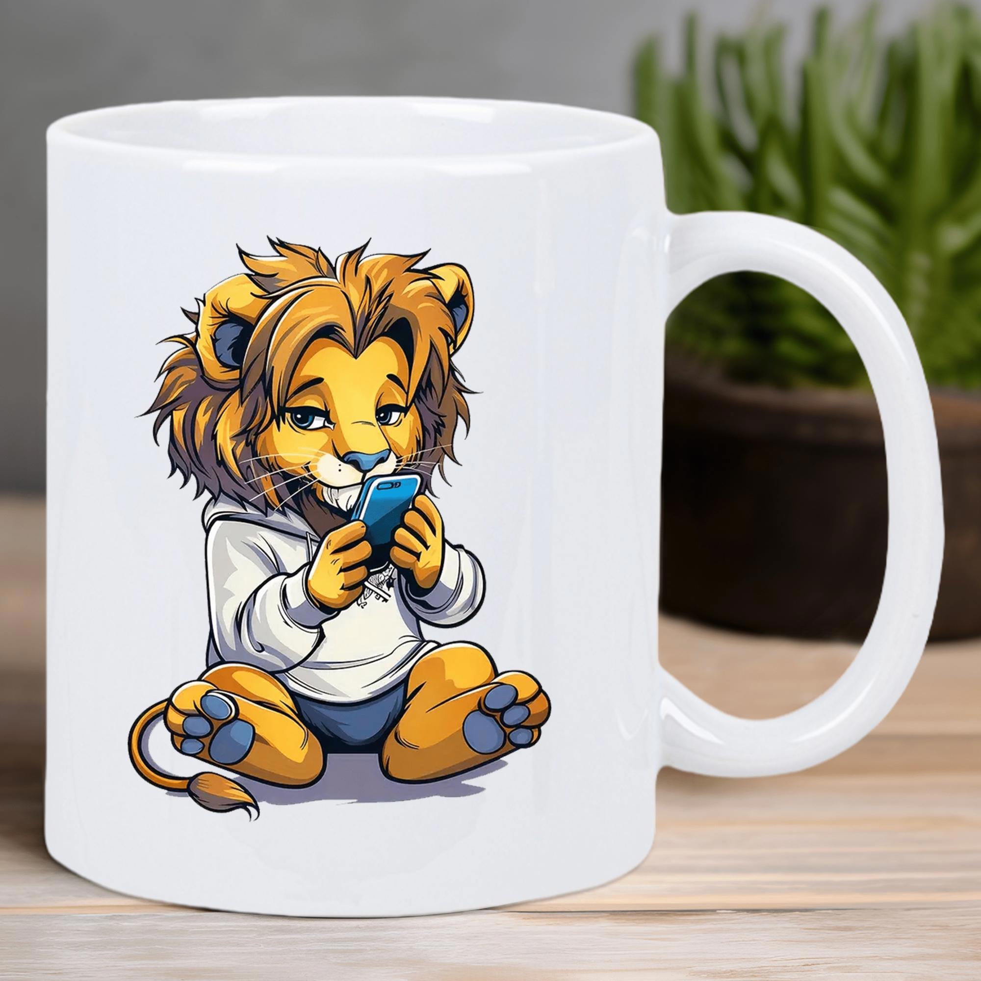 Tailorly White Ceramic 11 oz Mug - Adorable Cartoon Lion Wearing White Hoodie Sitting And Using Blue Smartphone Lion