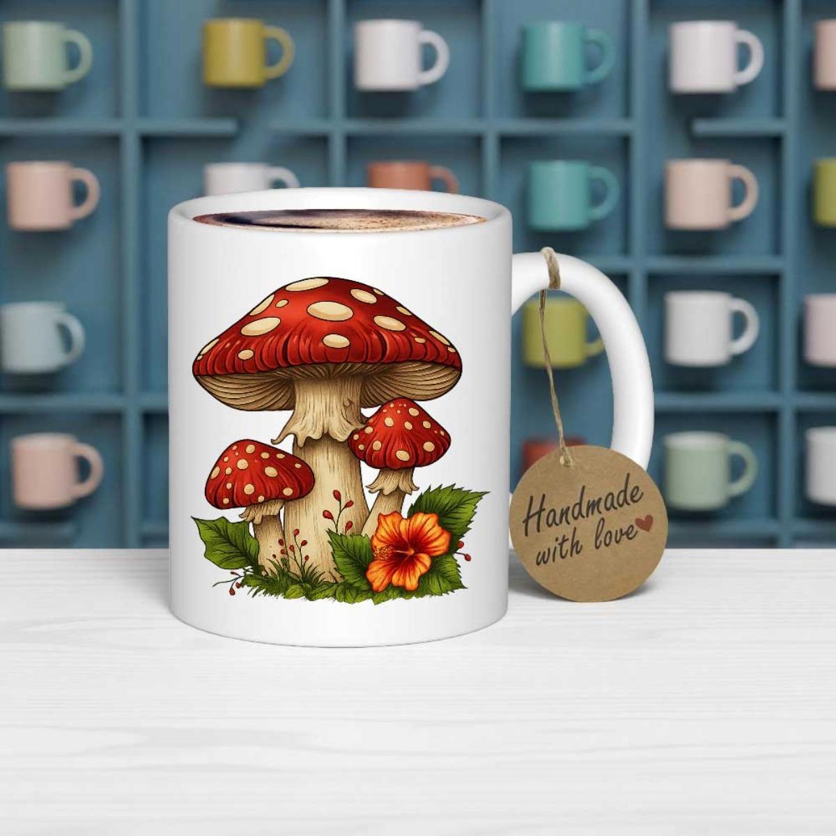 Tailorly White Ceramic 11 oz Mug - Handmade With Love Vibrant Red Speckled Mushrooms Growing Among Green Leaves And Orange Flower Mushroom