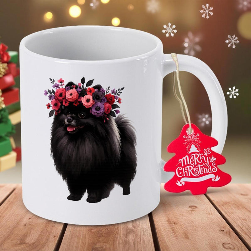 Tailorly White Ceramic 11 oz Mug - Merry Christmas Adorable Fluffy Black Pomeranian Wearing A Vibrant Red Pink Floral Crown Dog
