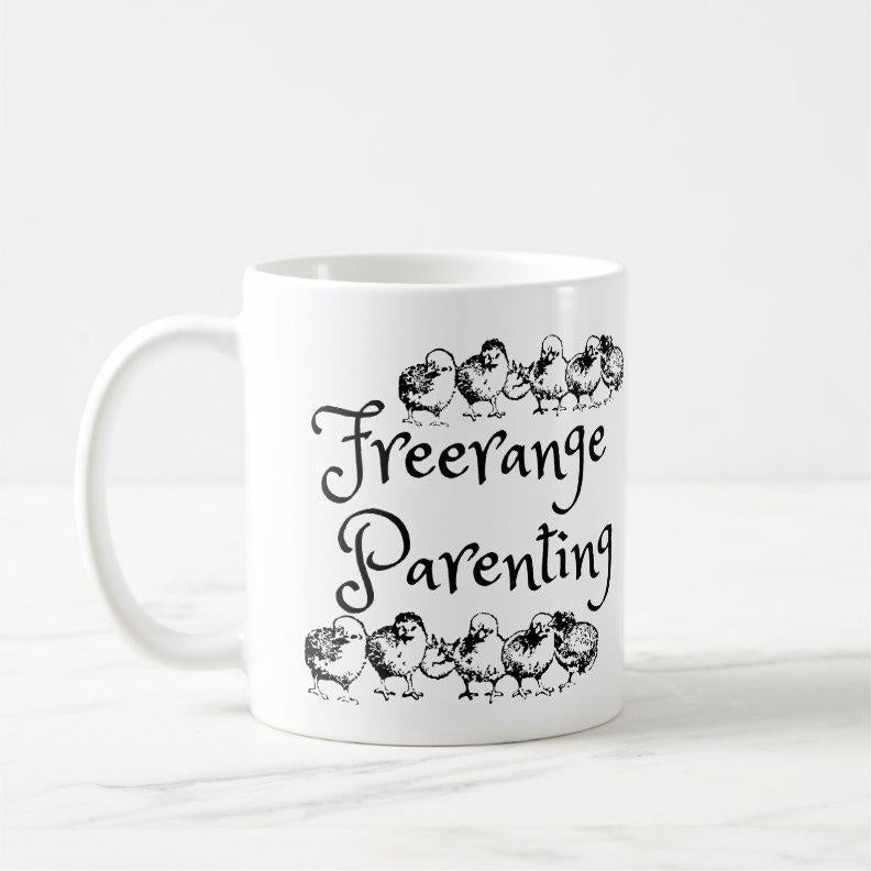 Tailorly White Ceramic 11 oz Mug - Freerange Parenting Vintage Style Hand Drawn Little Baby Chicks Standing In Rows Chicken