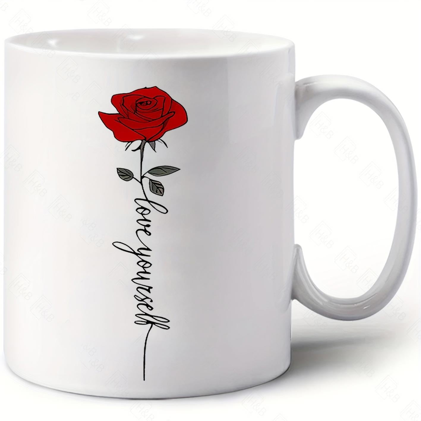 Tailorly White Ceramic 11 oz Mug - Love Yourself Elegant Red Blooming Petals Along Long Vertical Script Stem Rose
