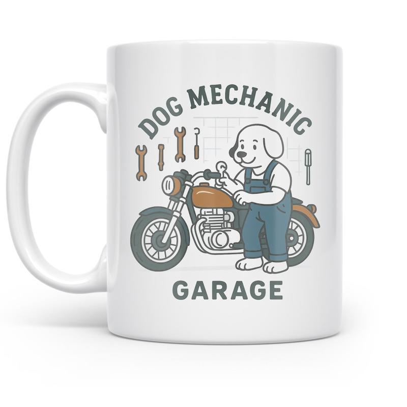 Tailorly White Ceramic 11 oz Mug - Dog Mechanic Garage Cute Cartoon Working On A Vintage Classic Motorcycle