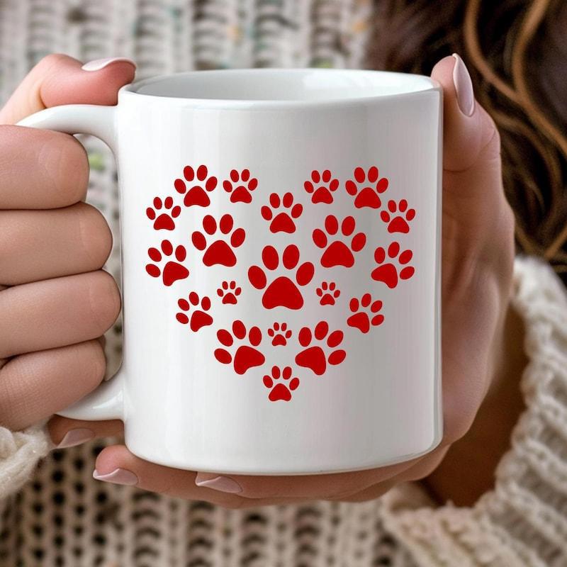 Tailorly White Ceramic 11 oz Mug - Many Red Paw Prints Arranged In A Lovely Heart Shape On Smooth Surface Heart