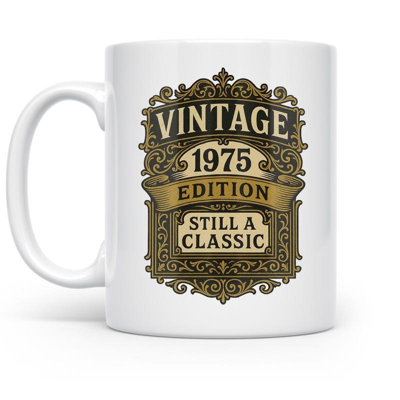 Tailorly White Ceramic 11 oz Mug - Vintage 1975 Edition Still A Classic Ornate Golden Filigree Frame With Distressed Texture And Decorative Scroll Badge