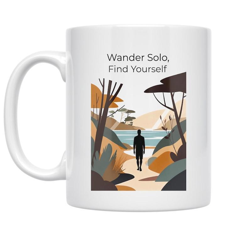 Tailorly White Ceramic 11 oz Mug - Wander Solo Find Yourself Minimalist Scenery Featuring Mountains And Calm Lake Under Soft Sunlight Wanderer