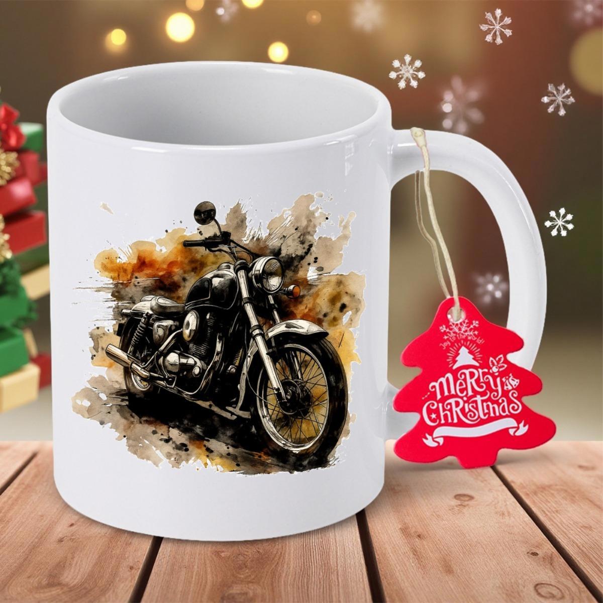 Tailorly White Ceramic 11 oz Mug - Classic Vintage Cruiser With Watercolor Splatter Effect And Artistic Details Motorcycle