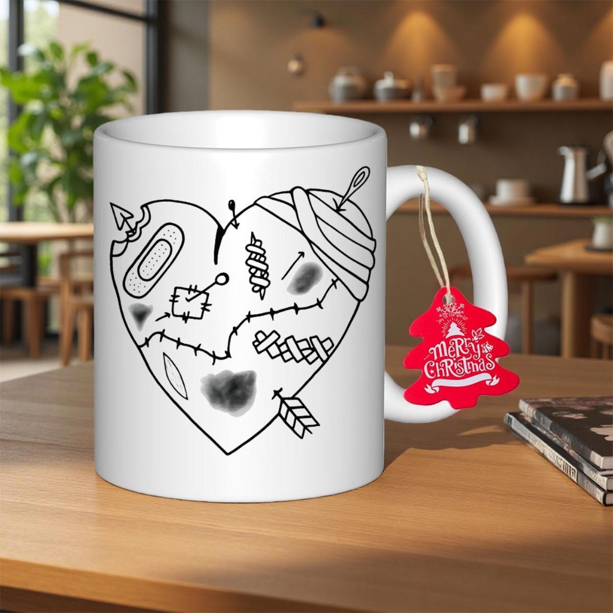 Tailorly White Ceramic 11 oz Mug - Merry Christmas Hand Drawn Stitched Aesthetic With Bandages And Arrows Heart