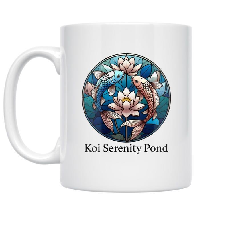 Tailorly White Ceramic 11 oz Mug - Koi Serenity Pond Stained Glass Style Circular Pattern With Elegant Lotus Flowers And Swimming Koi
