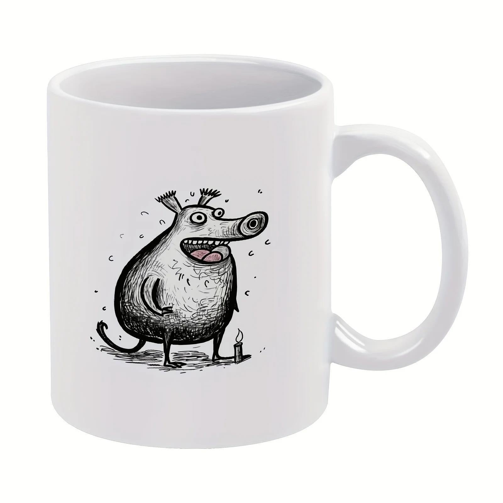 Tailorly White Ceramic 11 oz Mug - Whimsical Hand Drawn Doodle Monster Standing Near A Small Glowing Candle Creature