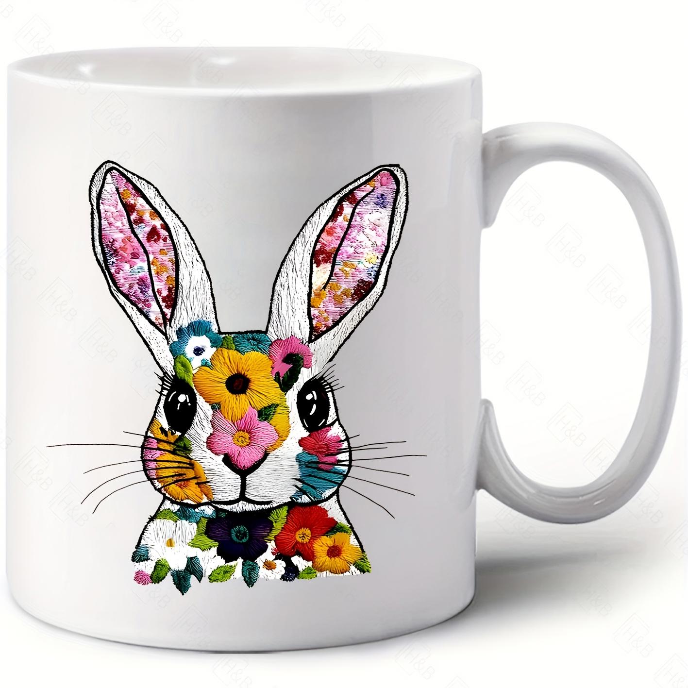 Tailorly White Ceramic 11 oz Mug - Vibrant Artistic Floral Pattern Decorative Cute Wildlife Animal Nature Garden Rabbit