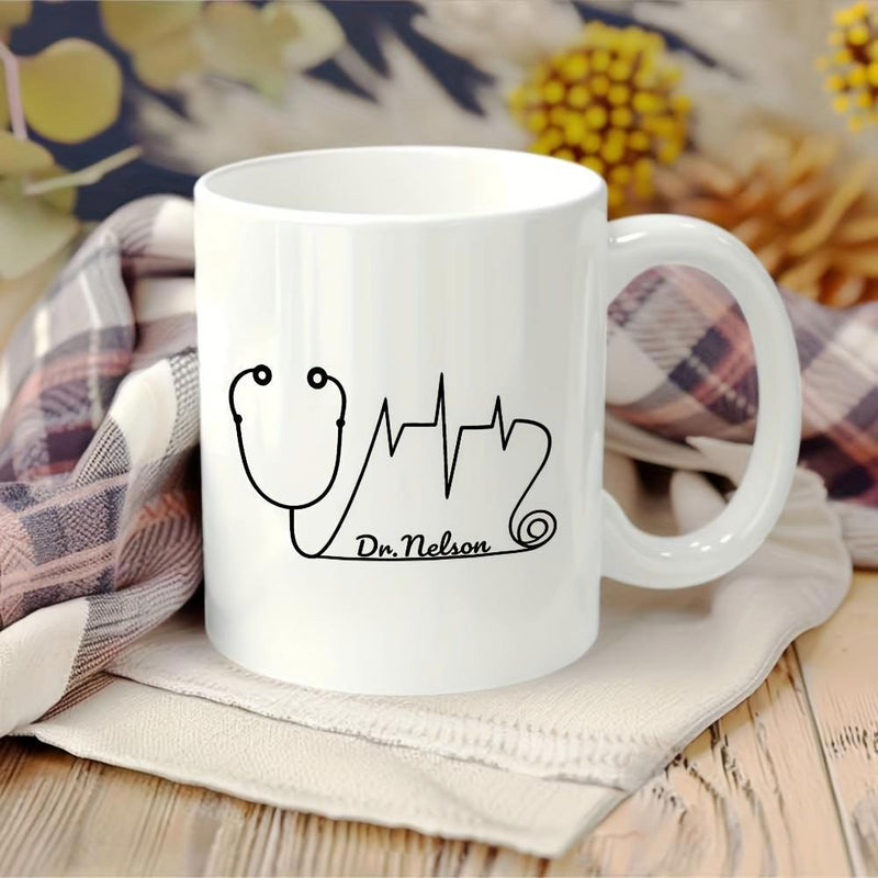 Tailorly White Ceramic 11 oz Mug - Dr Nelson Heartbeat Pulse Rhythm Connecting With A Minimalist Line Art Stethoscope