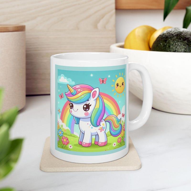 Tailorly White Ceramic 11 oz Mug - Magical Rainbow Mane With Shining Stars And Smiling Golden Sun Unicorn