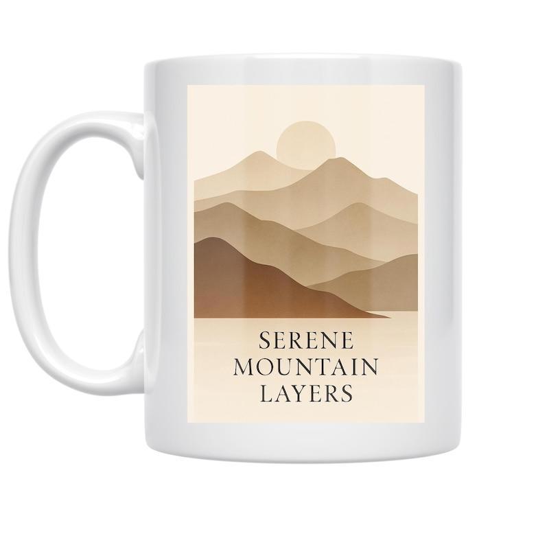 Tailorly White Ceramic 11 oz Mug - Serene Mountain Layers Minimalist Layered Earthy Peaks Under A Soft Warm Glowing Sun Mountain