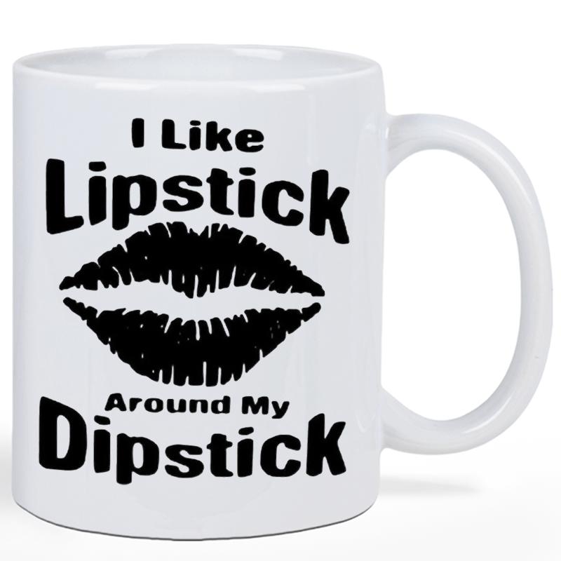 Tailorly White Ceramic 11 oz Mug - I Like Lipstick Around My Dipstick Bold Black Ink Style Minimalist Artistic Silhouette Of Sensual Feminine Lips