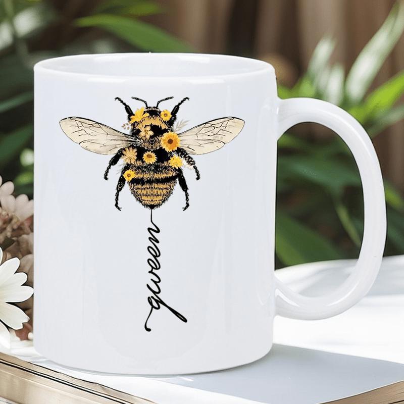 Tailorly White Ceramic 11 oz Mug - Queen Ornate Garden Insect Adorned With Small Blooming Yellow Flowers Honeybee