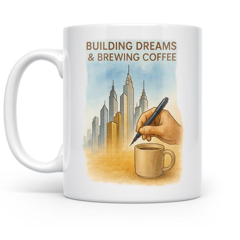 Tailorly White Ceramic 11 oz Mug - Building Dreams Brewing Coffee Artistic Hand Sketching A Majestic City Skyline Near A Warm Coffee Mug