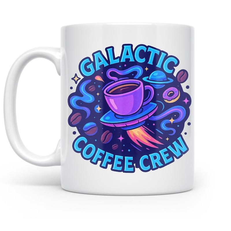 Tailorly White Ceramic 11 oz Mug - Galactic Coffee Crew Vibrant Space Saucer Flying Among Stars And Floating Coffee Beans Cup