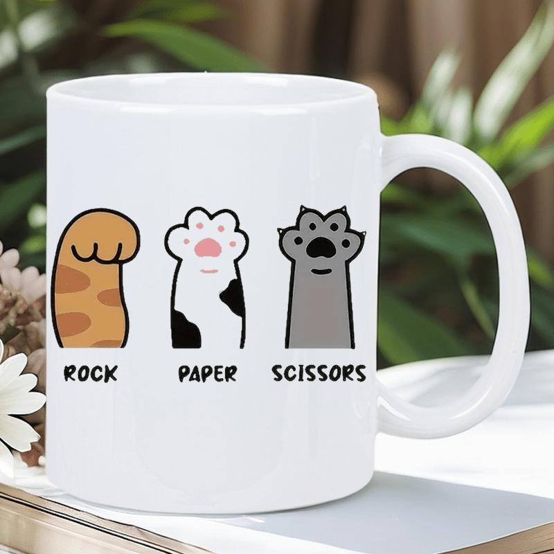 Tailorly White Ceramic 11 oz Mug - Rock Paper Scissors Playful Minimalist Cartoon Cat Paws Arranged In Linear Row Paw