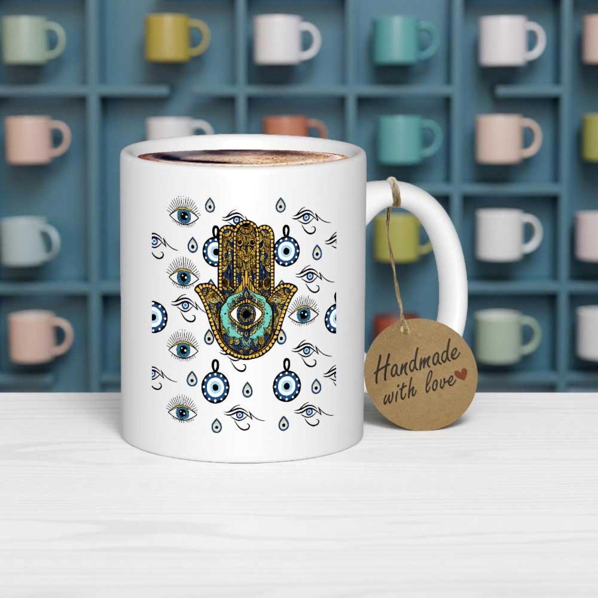 Tailorly White Ceramic 11 oz Mug - Handmade With Love Protective Hamsa Hand And Evil Eye Pattern