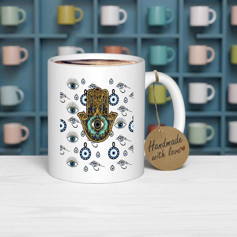 Tailorly White Ceramic 11 oz Mug - Handmade With Love Protective Hamsa Hand And Evil Eye Pattern