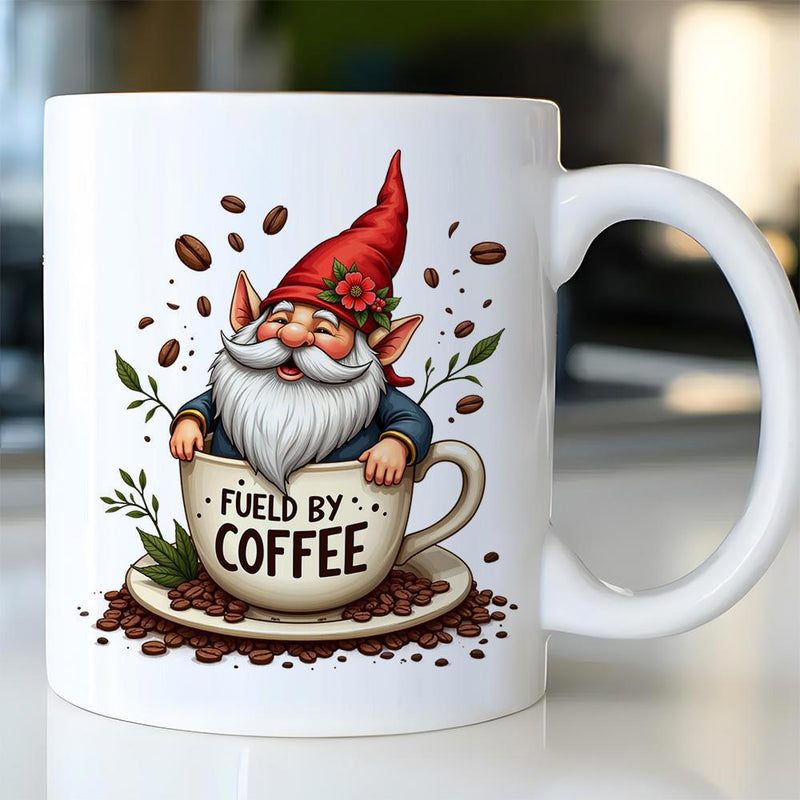 Tailorly White Ceramic 11 oz Mug - Fueld By Coffee Whimsical Bearded Character Resting Inside A Large Cup With Roasted Coffee Beans Gnome