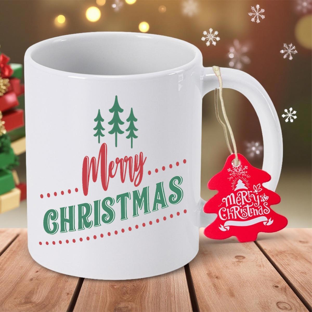 Tailorly White Ceramic 11 oz Mug - Merry Christmas Three Stylized Green Pine Trees With Elegant Red Script Tree