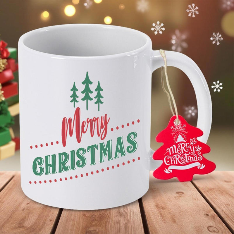 Tailorly White Ceramic 11 oz Mug - Merry Christmas Three Stylized Green Pine Trees With Elegant Red Script Tree