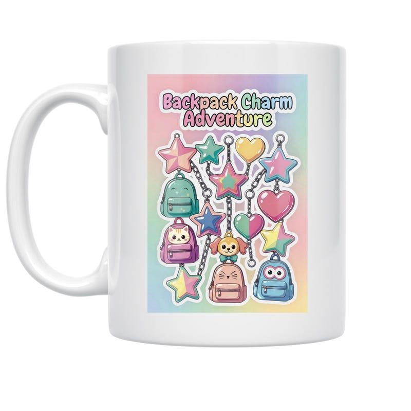 Tailorly White Ceramic 11 oz Mug - Backpack Charm Adventure Pastel Colorful Stars And Hearts Floating Among Small Cute Kawaii Backpack