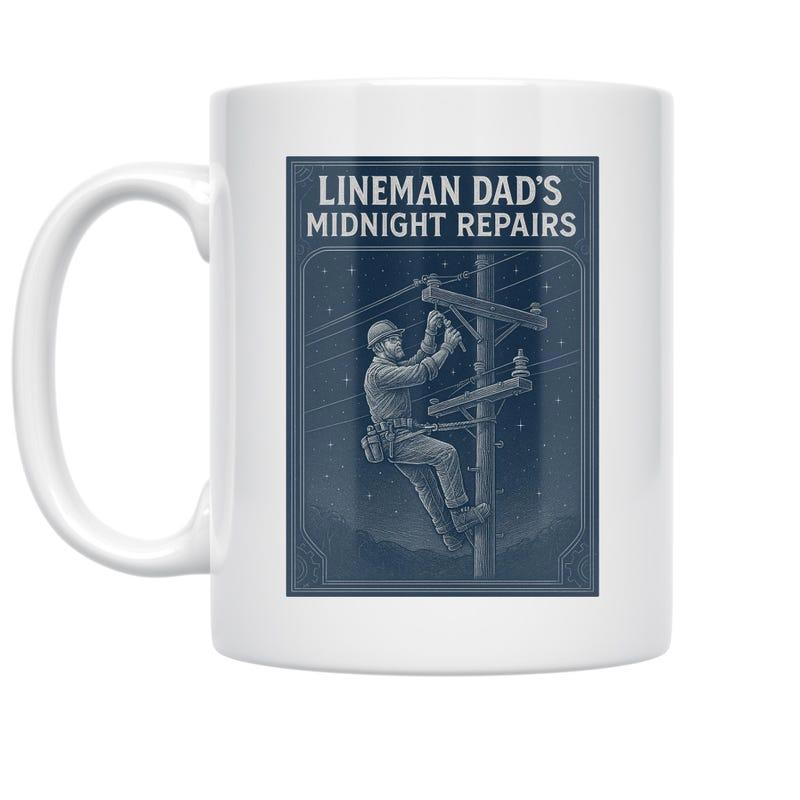 Tailorly White Ceramic 11 oz Mug - Lineman Dads Midnight Repairs Retro Style Worker Climbing High Power Utility Pole Under Stars Lineman