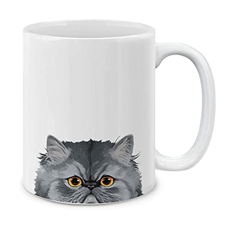 Tailorly White Ceramic 11 oz Mug - Realistic Peeking Grey Fluffy Feline With Intense Amber Eyes Cat