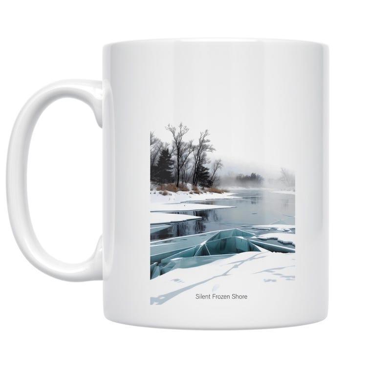 Tailorly White Ceramic 11 oz Mug - Saint Fraser River Tranquil Winter Landscape With Blue Ice Blocks And Misty Trees Surrounding A Frozen River