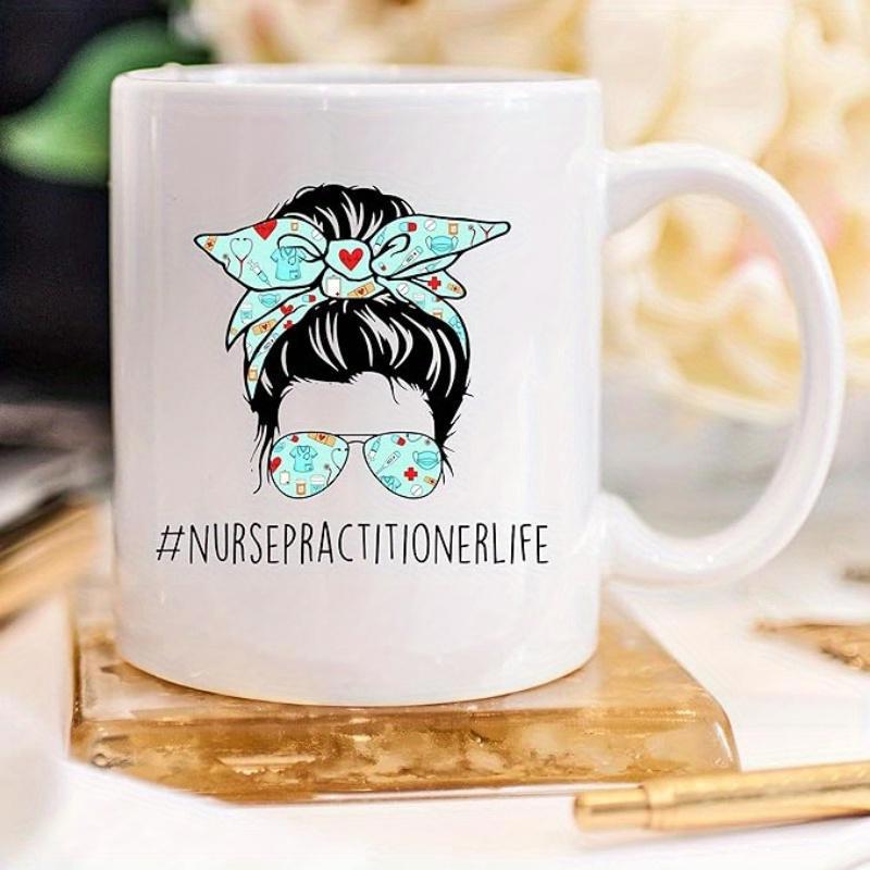 Tailorly White Ceramic 11 oz Mug - Nurse Practitioner Life Stylized Messy Bun Wearing Medical Icons Patterned Headband Woman