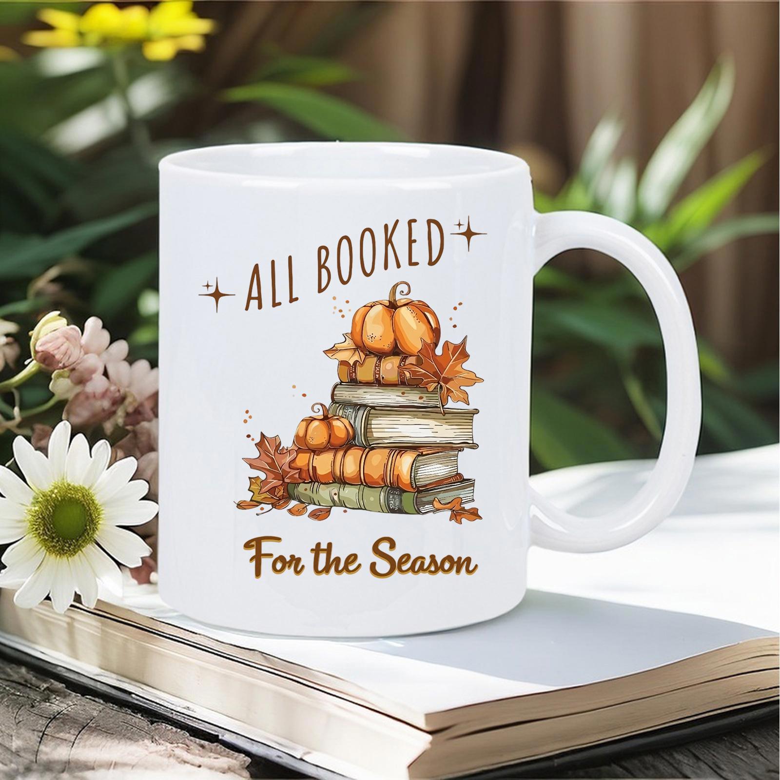 Tailorly White Ceramic 11 oz Mug - All Booked For The Season Vintage Stacked Volumes Decorated With Warm Orange Pumpkins And Falling Leaves Books