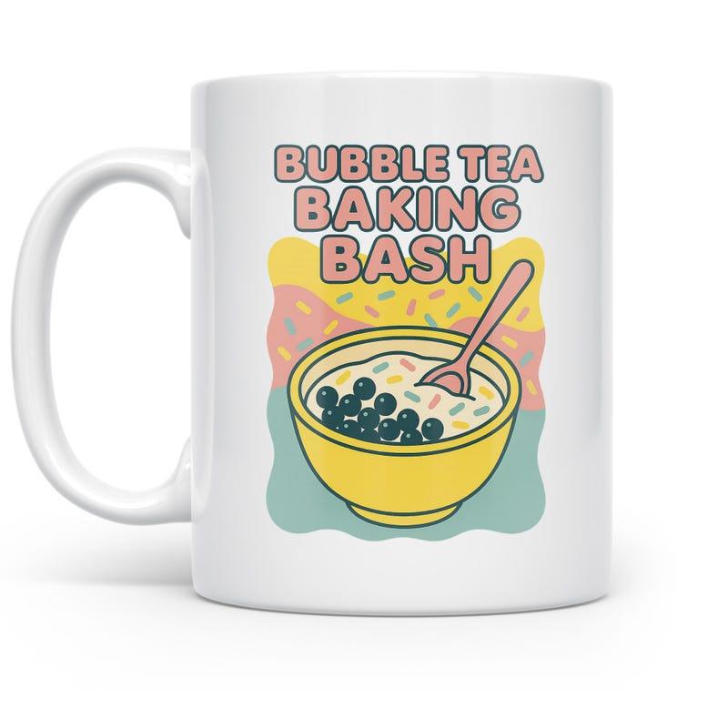 Tailorly White Ceramic 11 oz Mug - Bubble Tea Baking Bash Colorful Retro Waves Behind A Yellow Boba Pearl Bowl