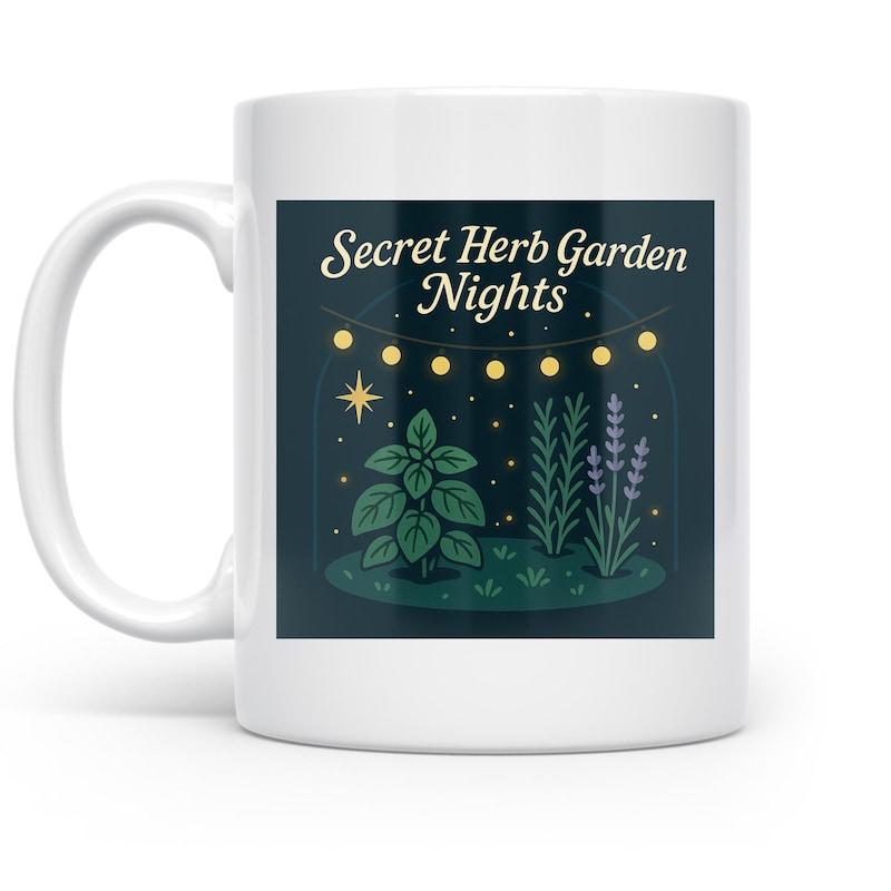 Tailorly White Ceramic 11 oz Mug - Secret Herb Garden Nights Glowing String Lights Hanging Over Botanical Plants Within A Mystical Dark Garden