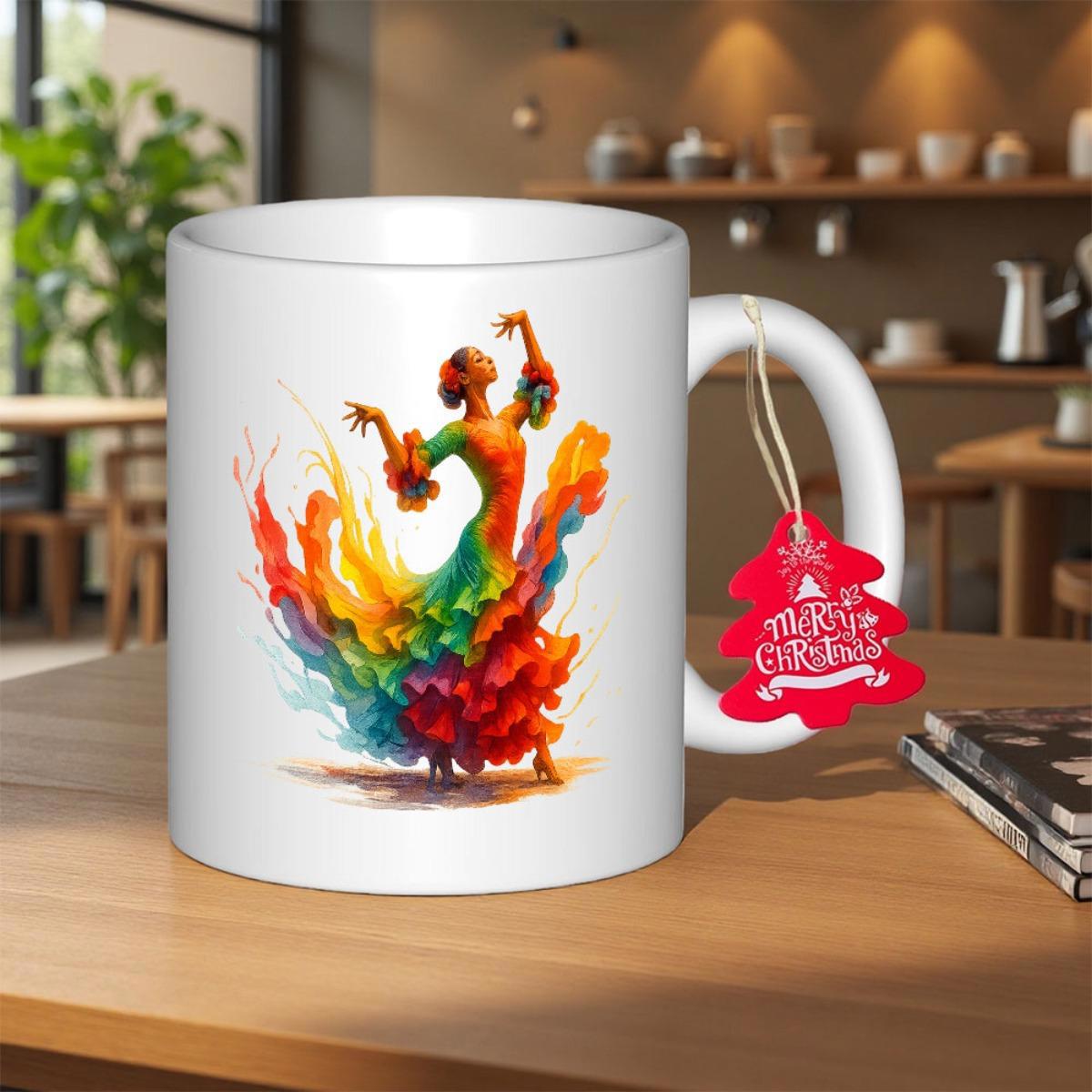 Tailorly White Ceramic 11 oz Mug - Merry Christmas Vibrant Colorful Artistic Motion With Flowing Rainbow Dress And Graceful Dancer