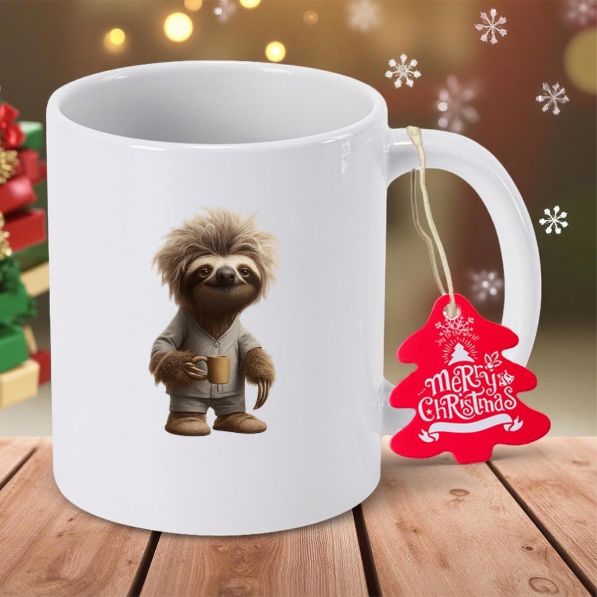 Tailorly White Ceramic 11 oz Mug - Merry Christmas Adorable Furry Character Wearing Cozy Pajamas Holding Tiny Coffee Cup Sloth