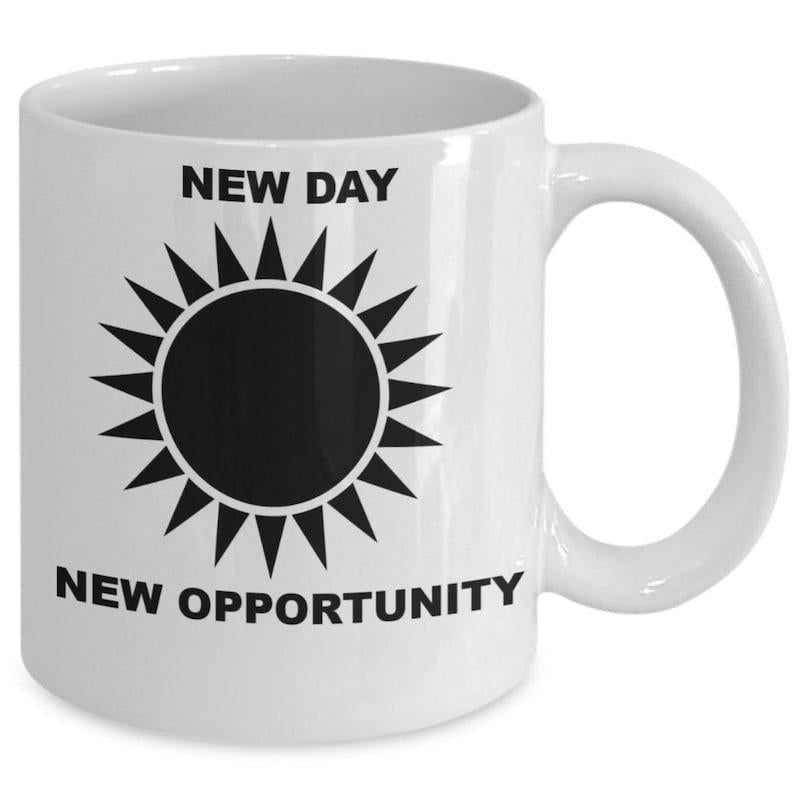 Tailorly White Ceramic 11 oz Mug - New Day New Opportunity Simple Minimalist Style With Geometric Rays Shining Around Central Dark Sun