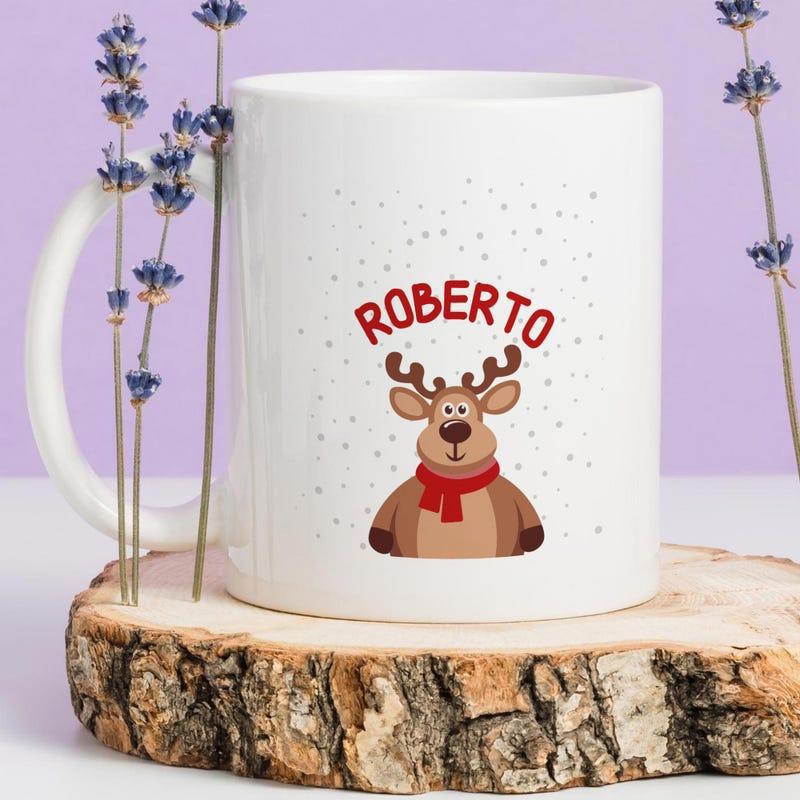 Tailorly White Ceramic 11 oz Mug - Roberto Cute Cartoon Character Wearing Red Scarf Under Falling Snow Reindeer
