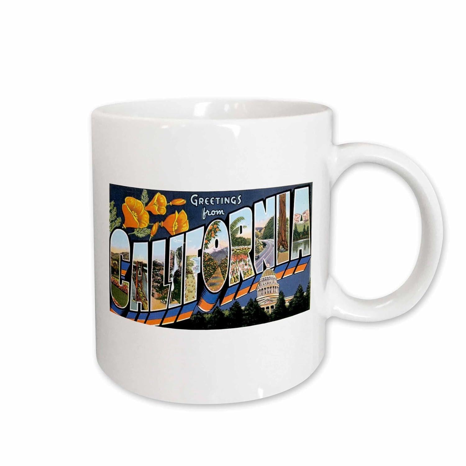 Tailorly White Ceramic 11 oz Mug - Greetings From California Vintage Retro Style Large Letter Design With Golden Poppy Flowers Scenic Postcard