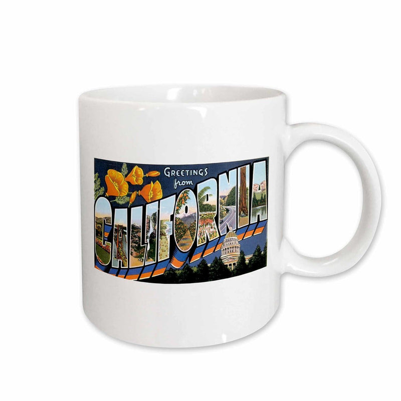 Tailorly White Ceramic 11 oz Mug - Greetings From California Vintage Retro Style Large Letter Design With Golden Poppy Flowers Scenic Postcard