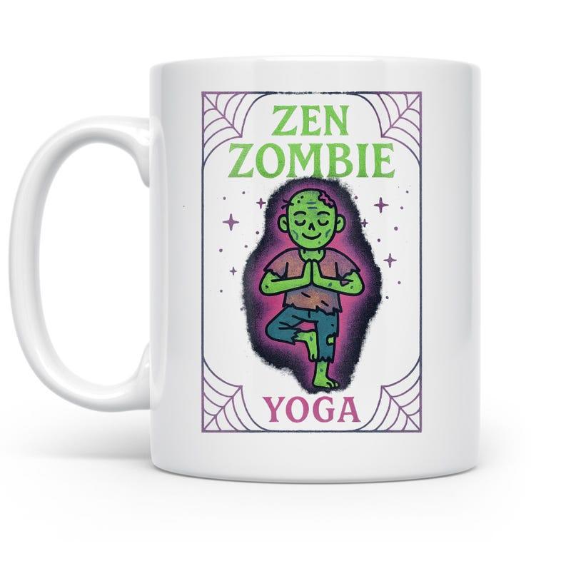 Tailorly White Ceramic 11 oz Mug - Zen Zombie Yoga Peaceful Green Undead Character Performing Tree Pose Within Frame Zombie