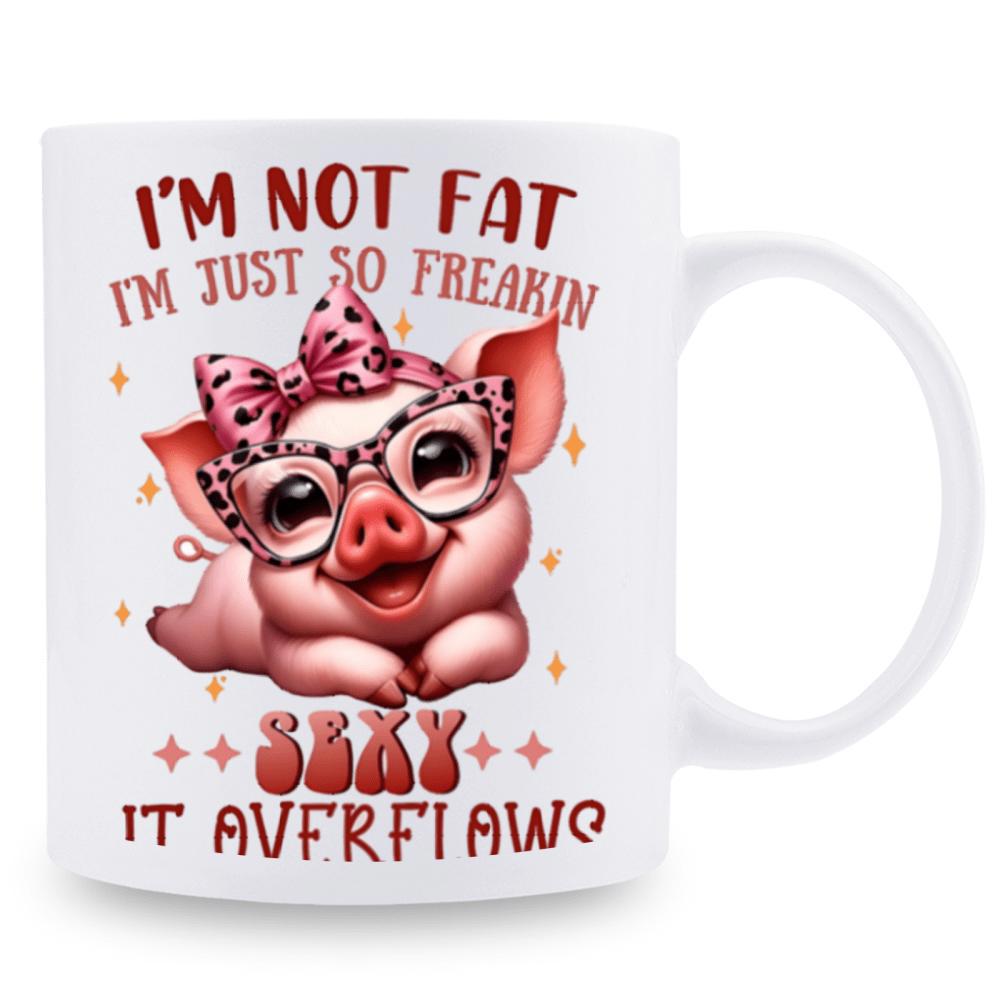 Tailorly White Ceramic 11 oz Mug - Im Not Fat Im Just So Freakin Sexy Adorable Smiling Cartoon Pink Pig Wearing Stylish Leopard Pattern Glasses And Bow Pig